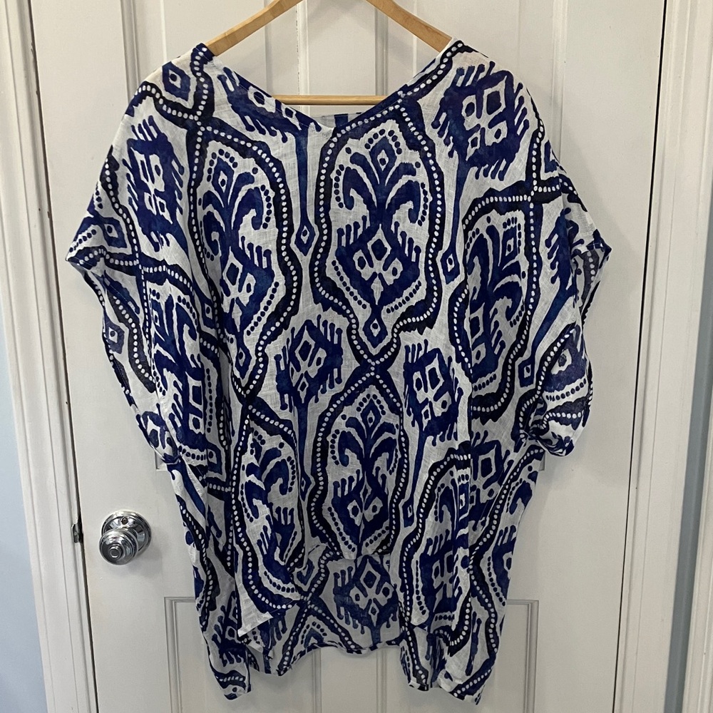 Chico's Blue White Patterned Women's Tunic Coverup Poncho 100% Linen SIZE S/M